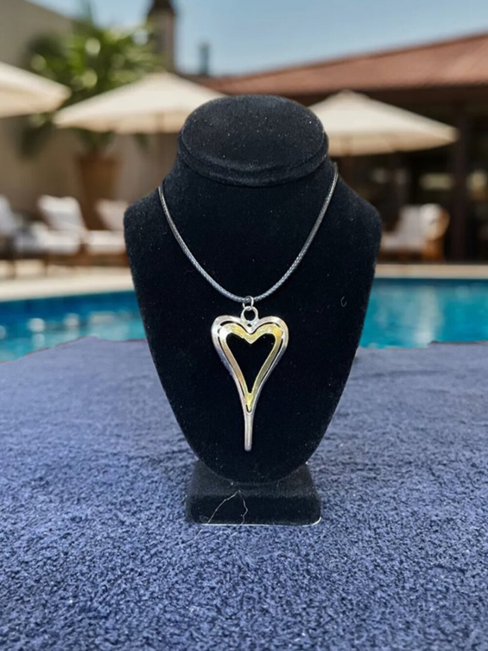 Vintage Two-Tone Hollow Heart Necklace on Minimalist Black Cord